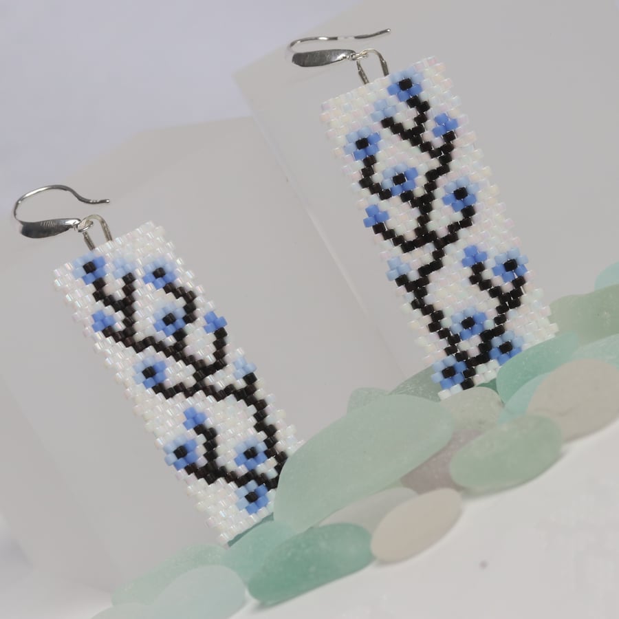 Rectangular Beaded Earrings Blue Flowers on White Background