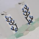 Rectangular Beaded Earrings Blue Flowers on White Background