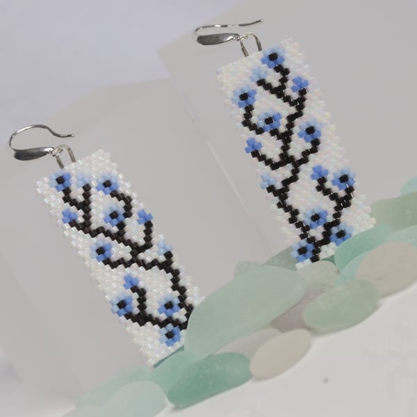 Rectangular Beaded Earrings Blue Flowers on White Background