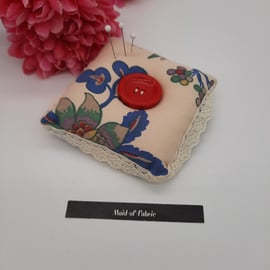 Pin cushion in cream floral fabric. Free uk delivery. 