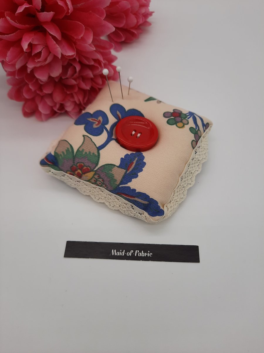 Pin cushion in cream floral fabric. Free uk delivery. 