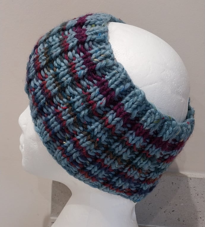 Hand Knitted stripey Merino Headband in Powder Blue M