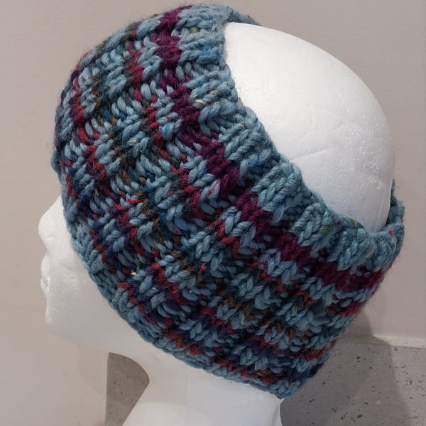 Hand Knitted stripey Merino Headband in Powder Blue M