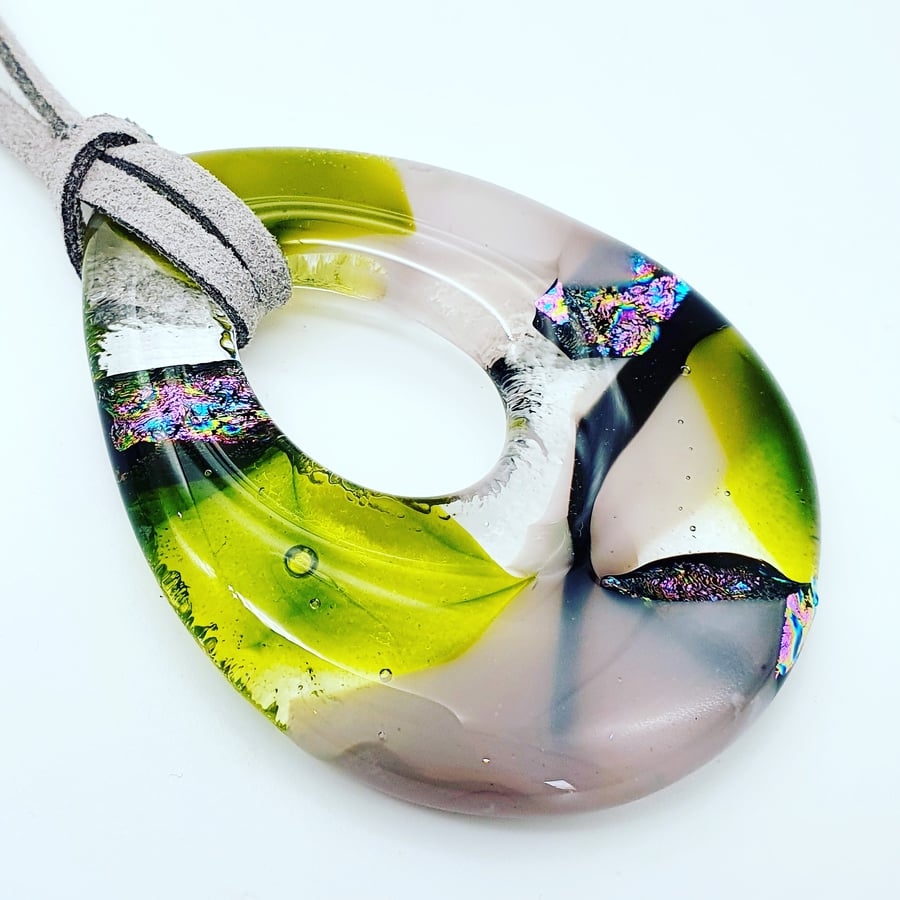 Fused Glass Abstract Necklace on Soft Suede. 