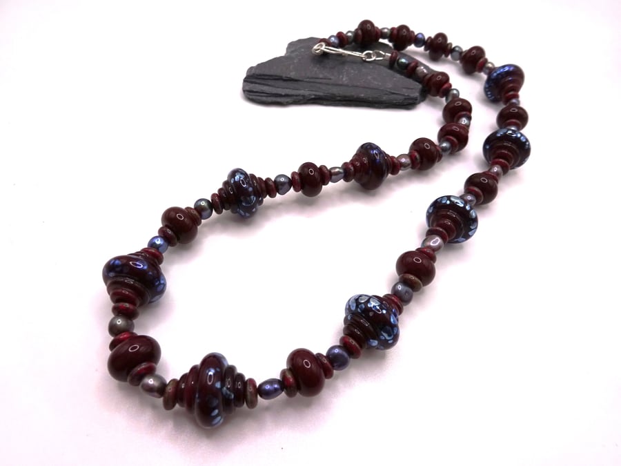 lampwork glass dark red and silver necklace