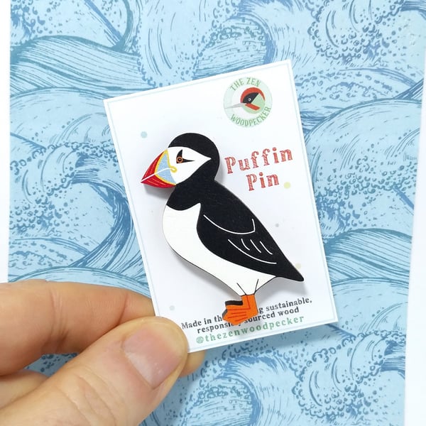 Puffin Pin Badge, Wooden Bird Brooch, Seabirds, Atlantic Puffin