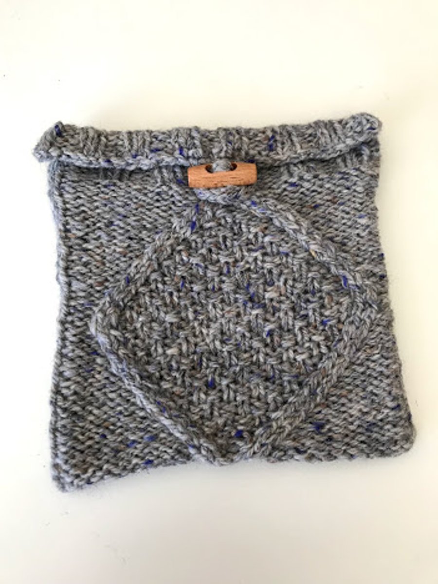 Hand knitted aran design pouch in grey and blue