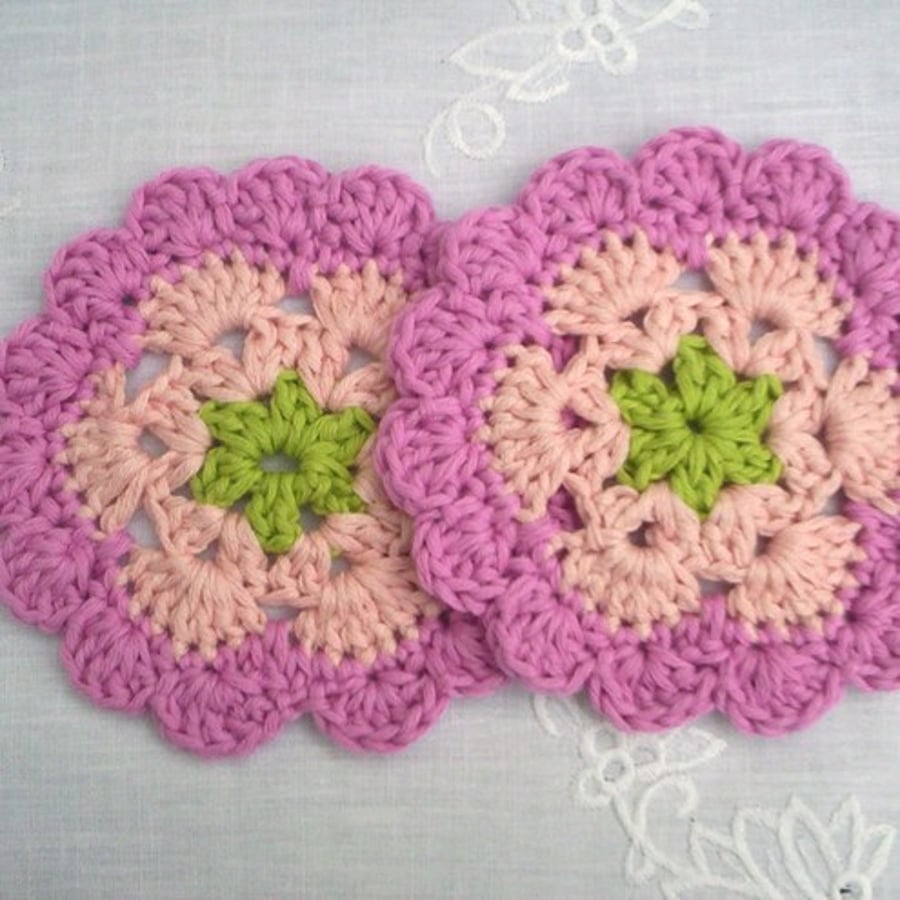 Cotton crochet coasters, organic cotton doilies, pink coasters