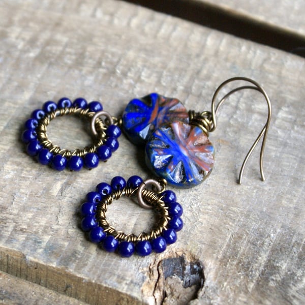 Dark Blue Wire Wrapped Earrings