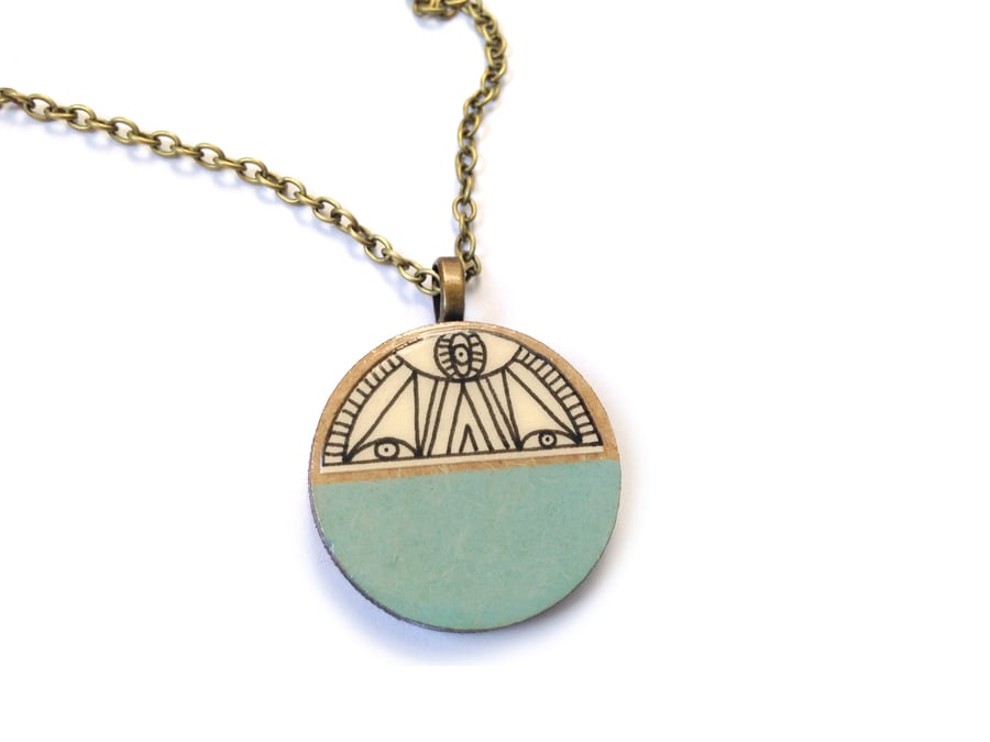 Hand Illustrated Duck Egg Blue Wooden Circle Necklace