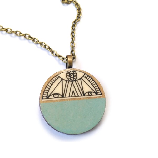 Hand Illustrated Duck Egg Blue Wooden Circle Necklace
