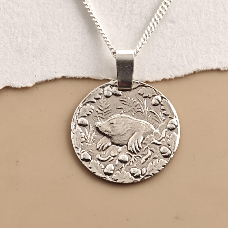 Mole Engraved Sterling Silver Coin Necklace