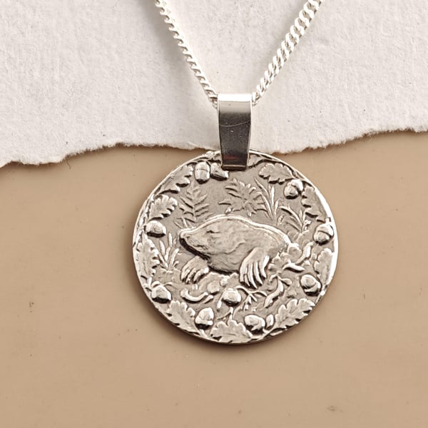 Mole Engraved Sterling Silver Coin Necklace