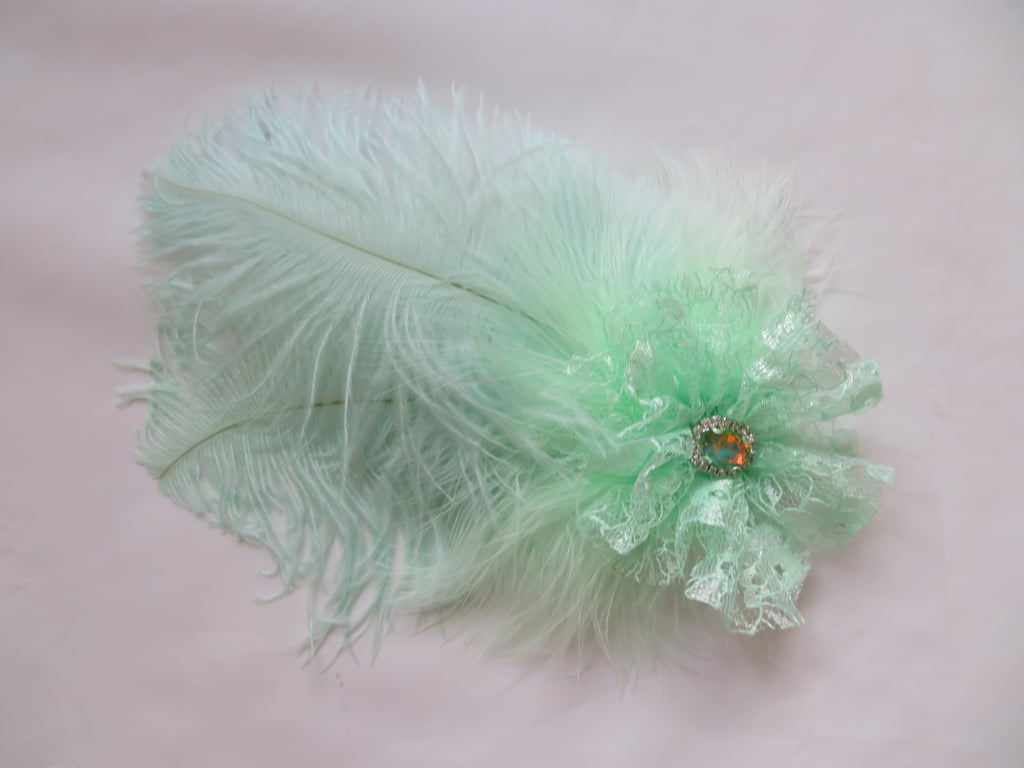 Pale Mint Green Ostrich Feather Regency Style Headpiece Fascinator