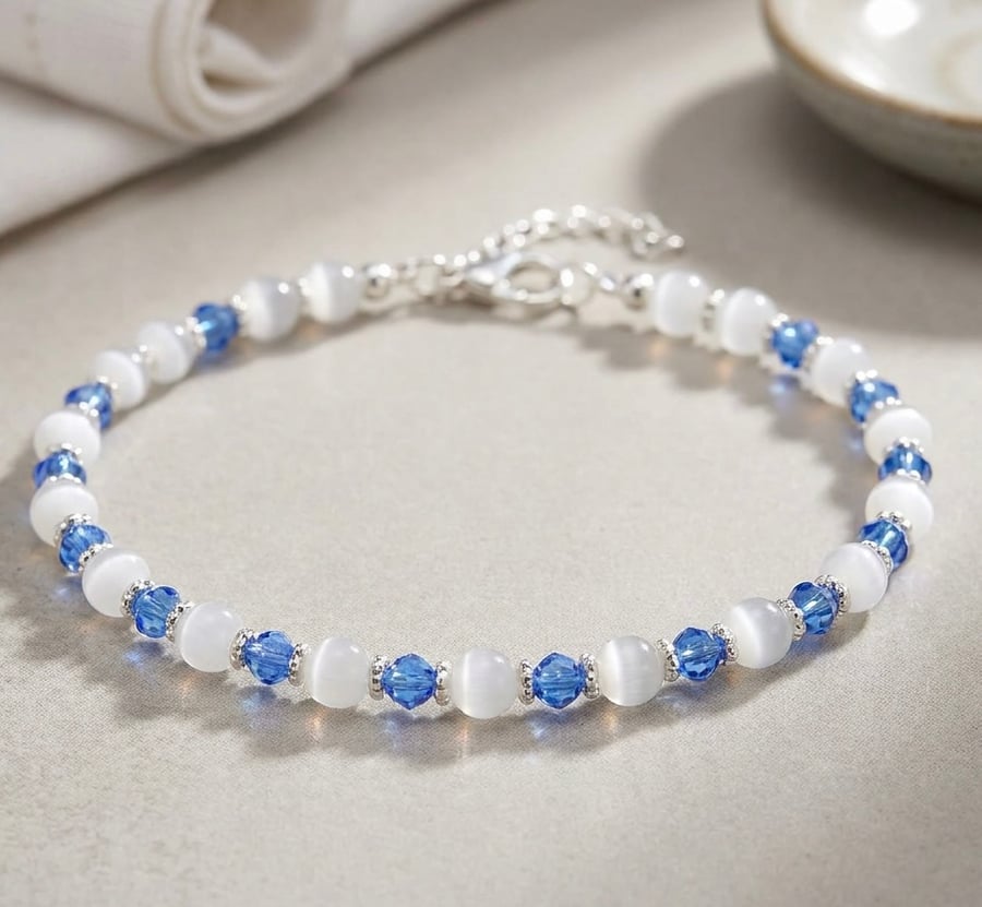 Handmade Selenite Crystal and Blue Crystal Bracelet