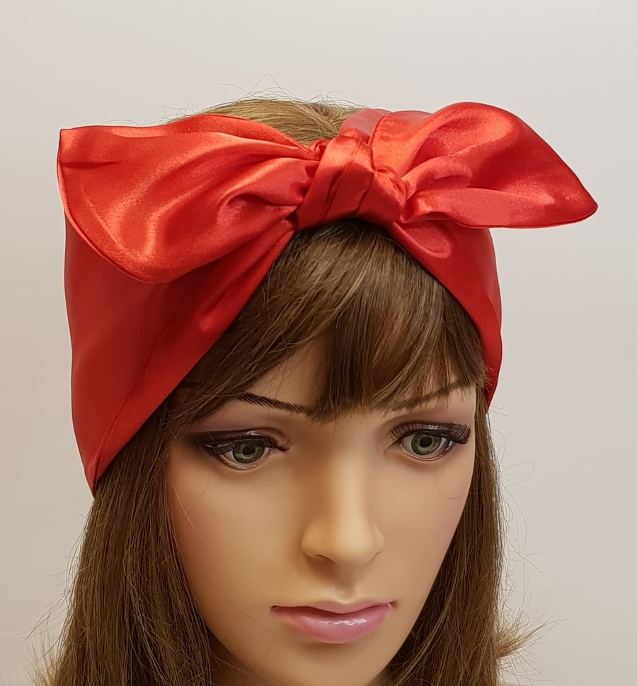 Red satin hair wrap, women head scarf, extra wide hair tie, rockabilly tie up