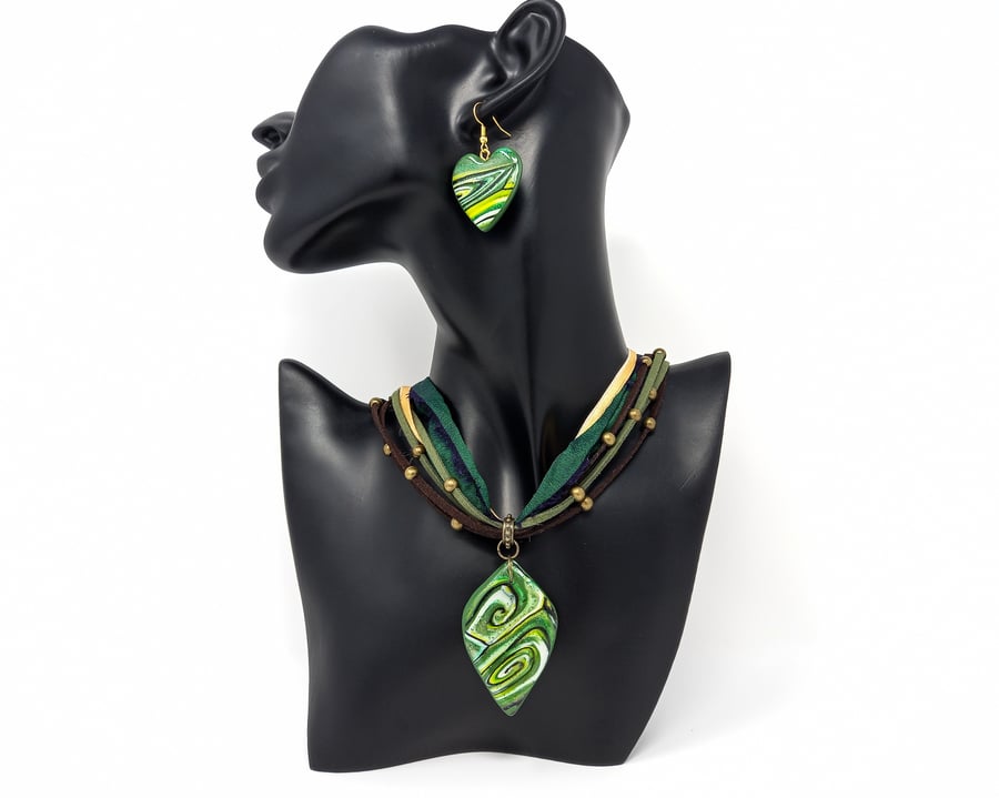 SALE - Soft multi strand beaded silk scarf necklace in forest colours