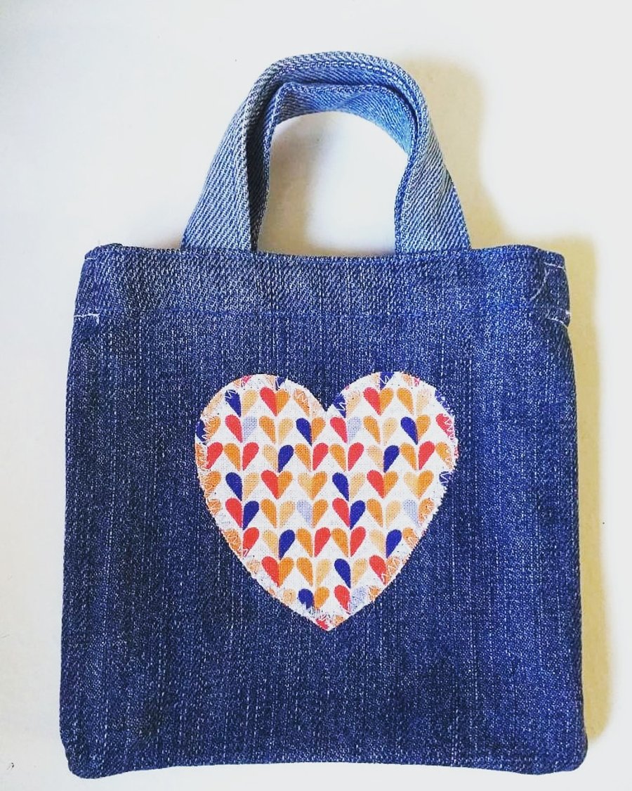 Blue denim tiny heart tote bag, ideal for gifts