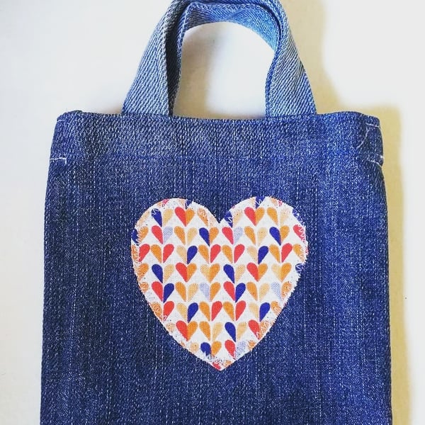 Blue denim tiny heart tote bag, ideal for gifts