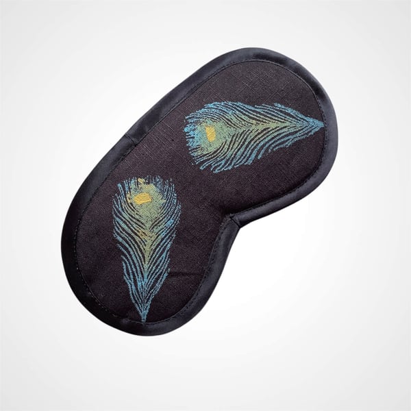Navy Peacock Feathers Linen Lavender Infused Eye Mask