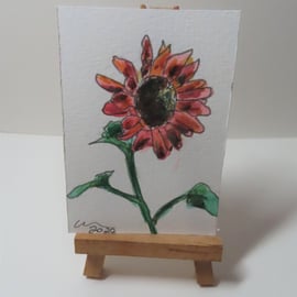 ACEO Animal Art Red Flower Original Watercolour Ink Painting OOAK Floral