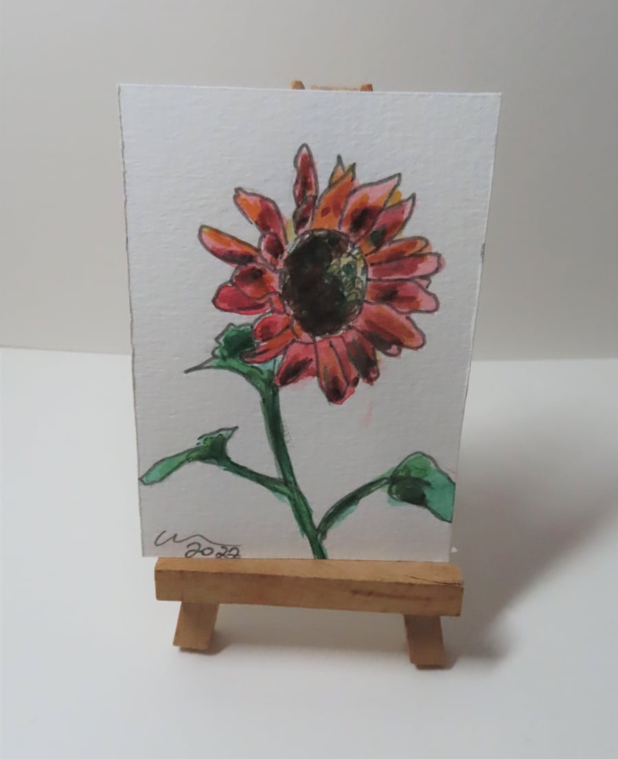 ACEO Animal Art Red Flower Original Watercolour Ink Painting OOAK Floral