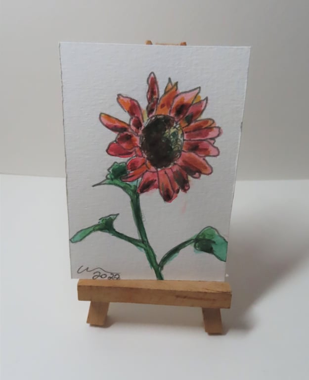 ACEO Animal Art Red Flower Original Watercolour Ink Painting OOAK Floral