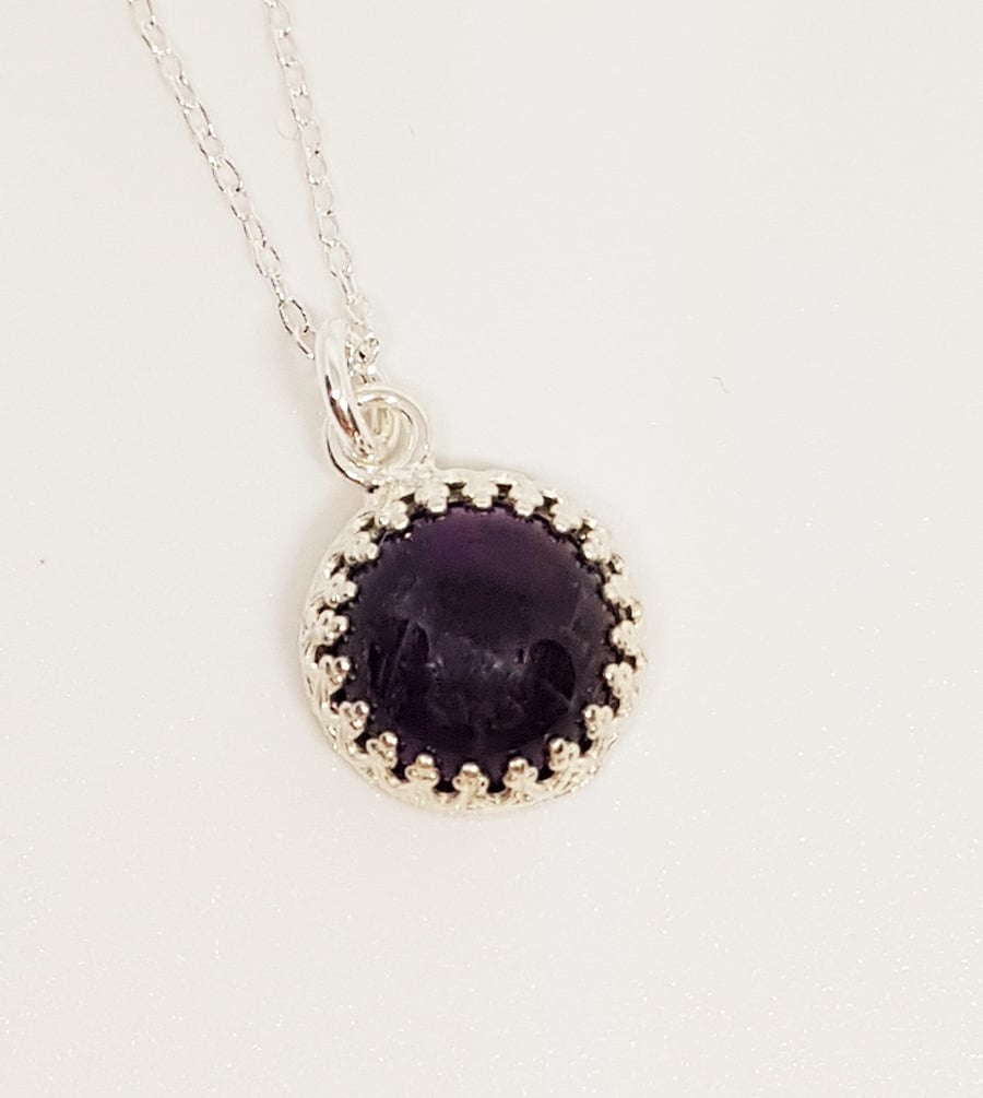 Amethyst Round Cabochon Sterling Silver Statement Pendant Necklace