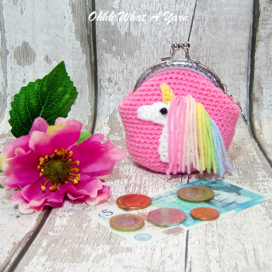 Crochet pink rainbow unicorn coin purse, crochet purse, coin purse, clasp purse