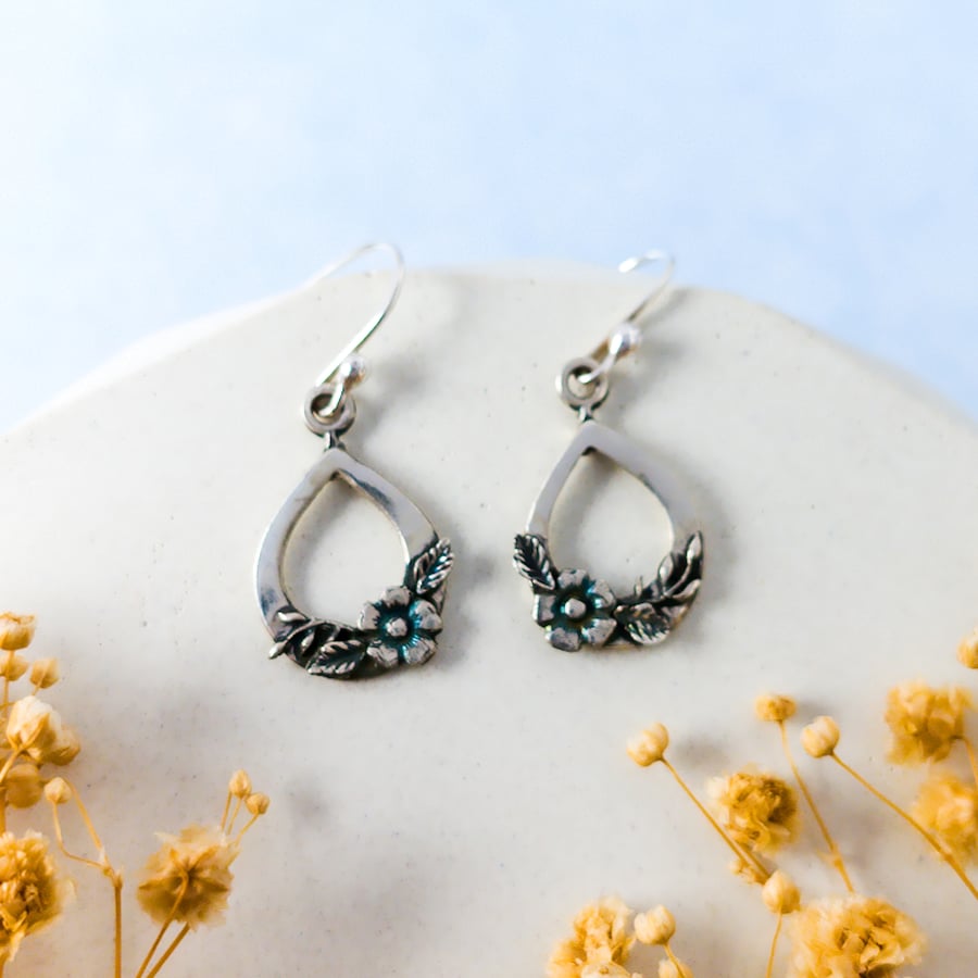 Teardrop Flower Earrings, Recycled Silver Earrings, Nature Inspired