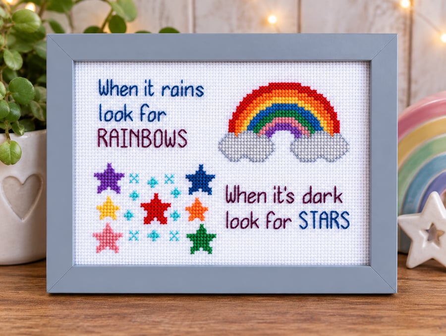 When It Rains Look for Rainbows – Inspirational Framed Cross Stitch 5x7