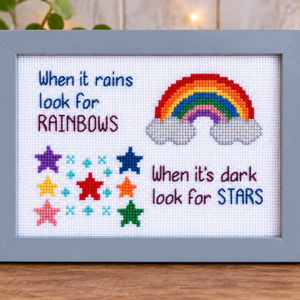 When It Rains Look for Rainbows – Inspirational Framed Cross Stitch 5x7