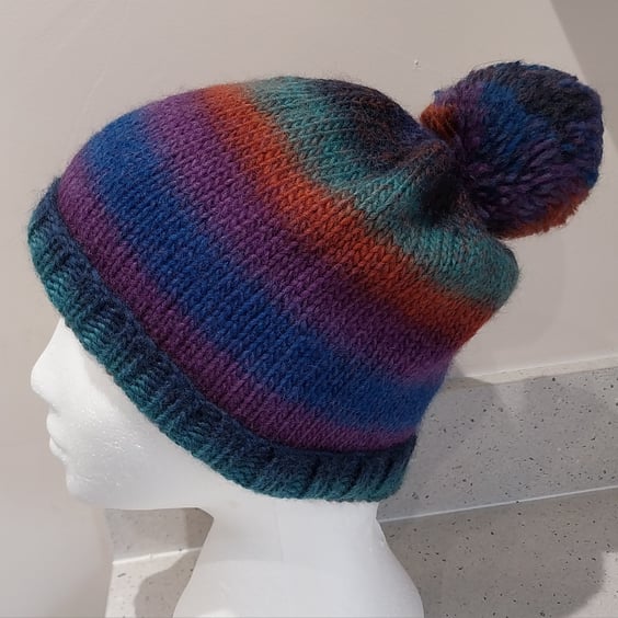 Handknit Bobble Hat 100% wool Blue Green Rust MED