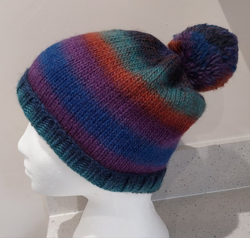 Handknit Bobble Hat 100% wool Blue Green Rust MED