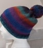Handknit Bobble Hat 100% wool Blue Green Rust MED - Image 1