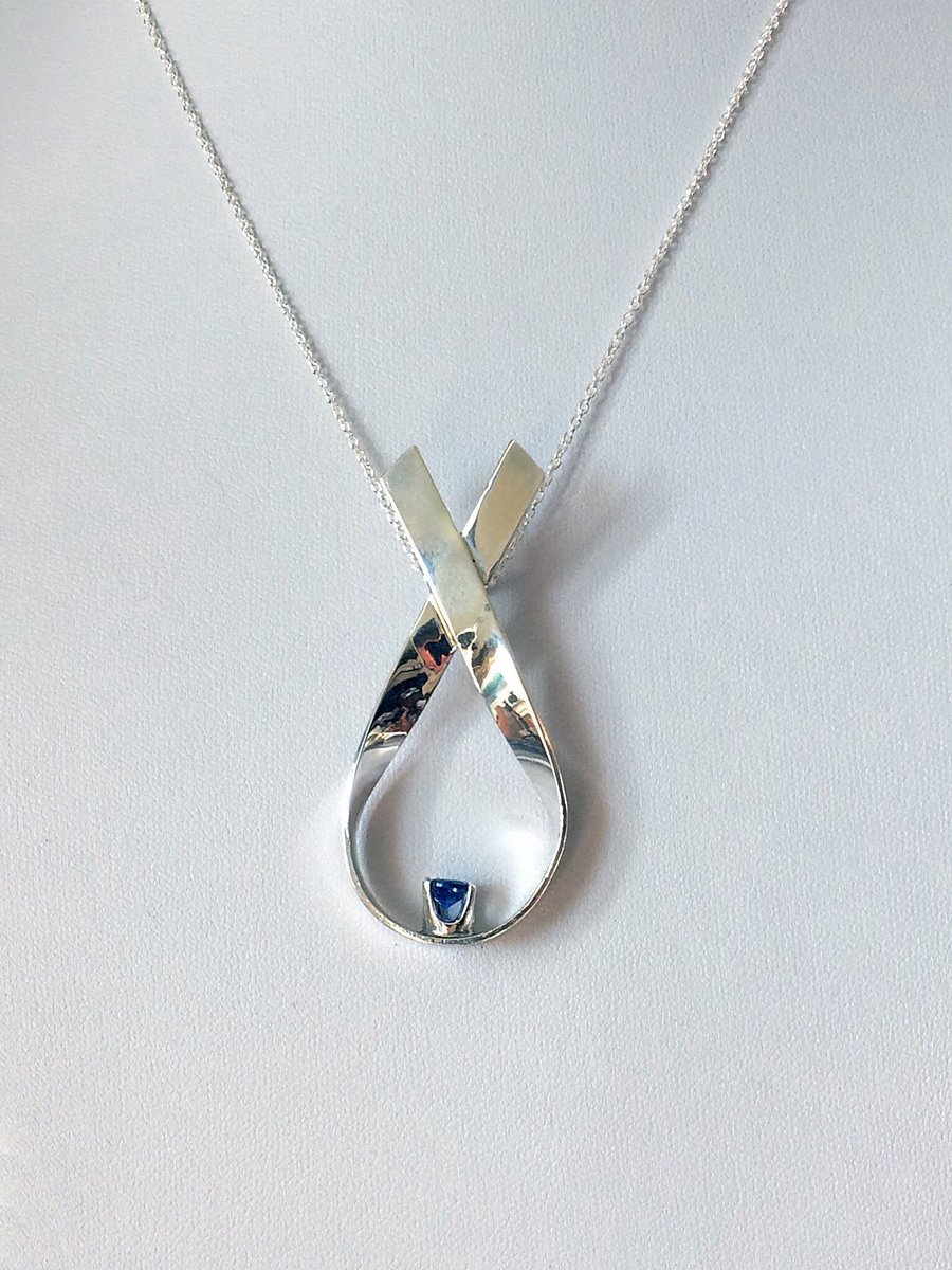 Ribbon Pendant Necklace in Sterling Silver with Deep Blue Vibrant CZ
