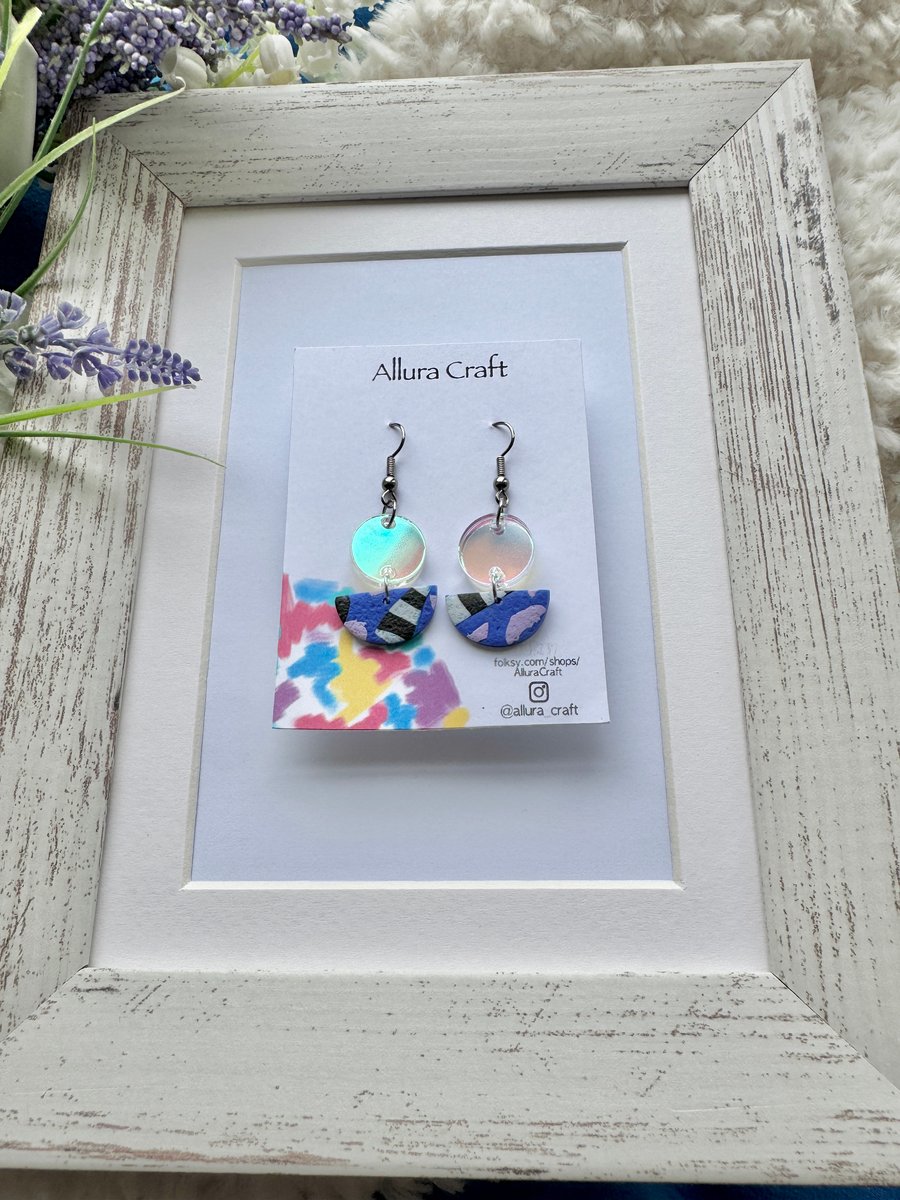 Iridescent circle and Abstract Semi Circle Earrings 