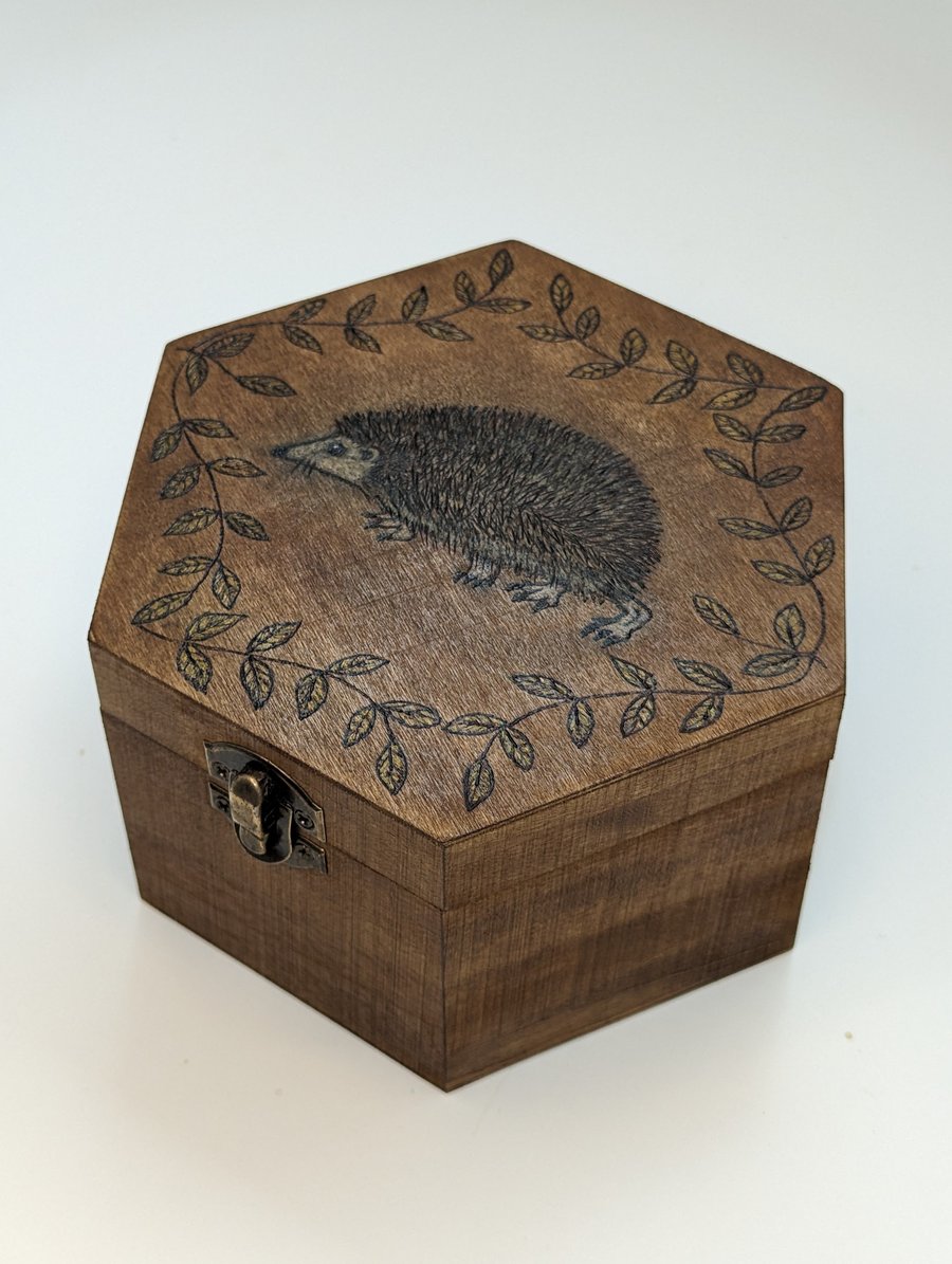 Hedgehog pyrography wooden box, decorative storage, gift for a nature lover