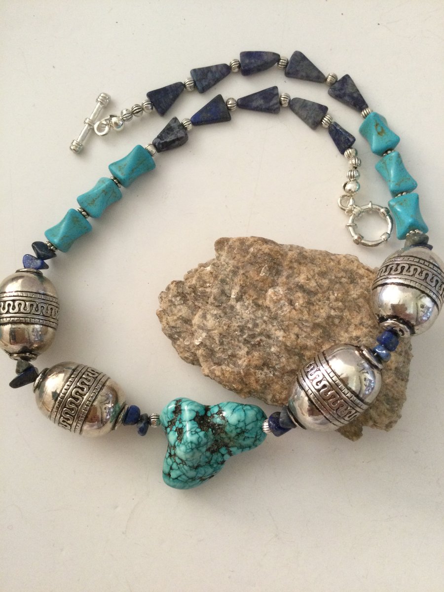 Turquoise, Tibetan silver and lapis lazuli beaded necklace 