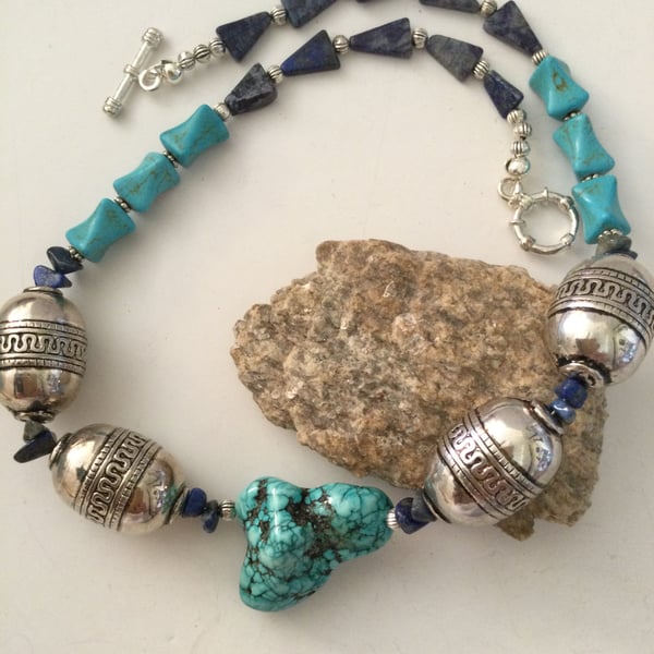 Turquoise, Tibetan silver and lapis lazuli beaded necklace 