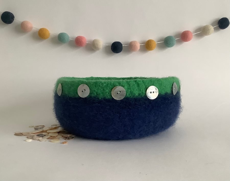 FELTED 'FUSSPOT' BOWL, desk tidy . Navy blue, jade ( with button detail ) .