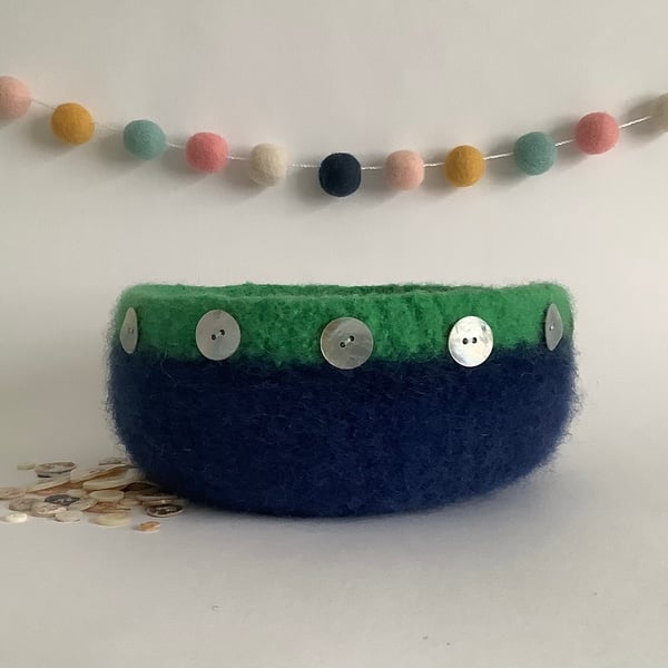 FELTED 'FUSSPOT' BOWL, desk tidy . Navy blue, jade ( with button detail ) .