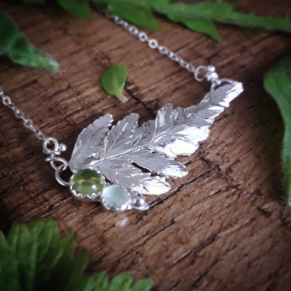 Real Fern Leaf Silver Necklace with Peridot and Prehnite 