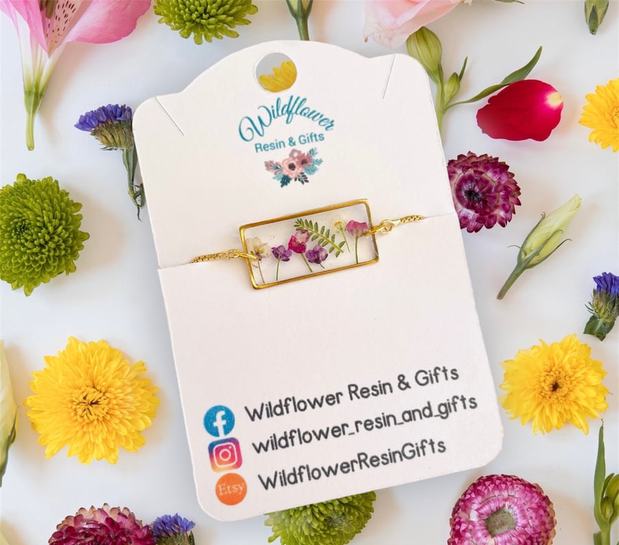 Floral adjustable bracelet, real pressed flower jewellery, nature lover gift