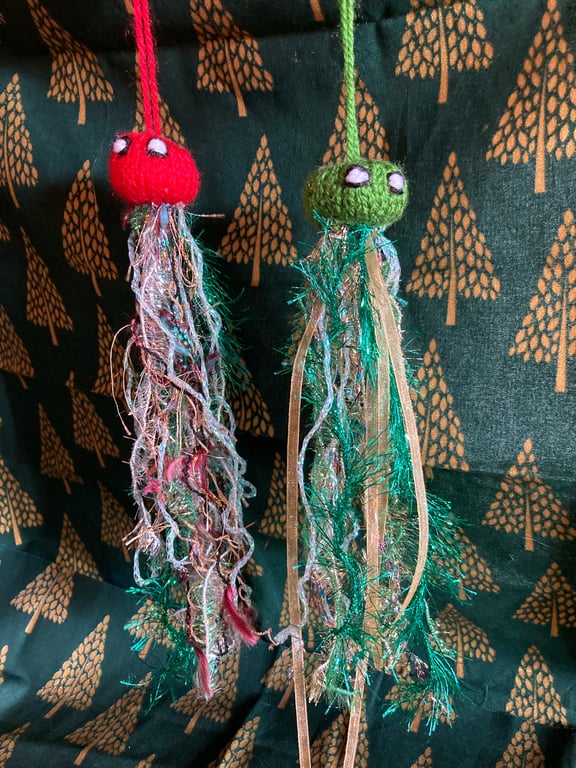 2 hand knitted sparkly jellyfish 