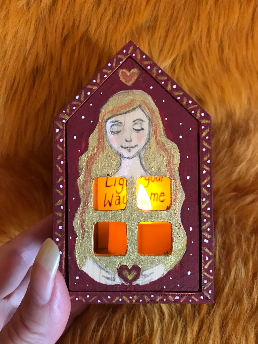 Painted wooden house box with nightlight "Love will light your way home"