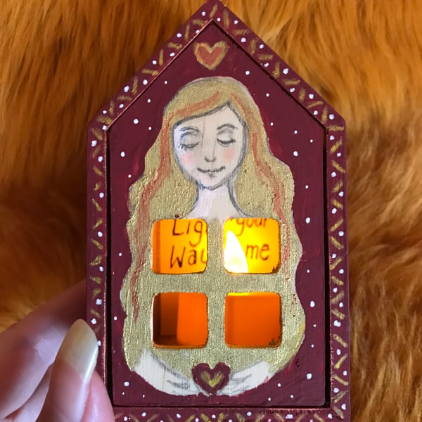 Painted wooden house box with nightlight "Love will light your way home"