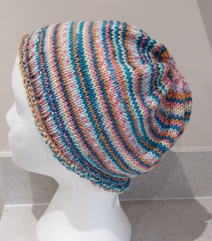 Handknit Beanie Hat 100% MERINO Stripey jacquard in pastels and blue M