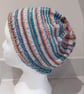 Handknit Beanie Hat 100% MERINO Stripey jacquard in pastels and blue M