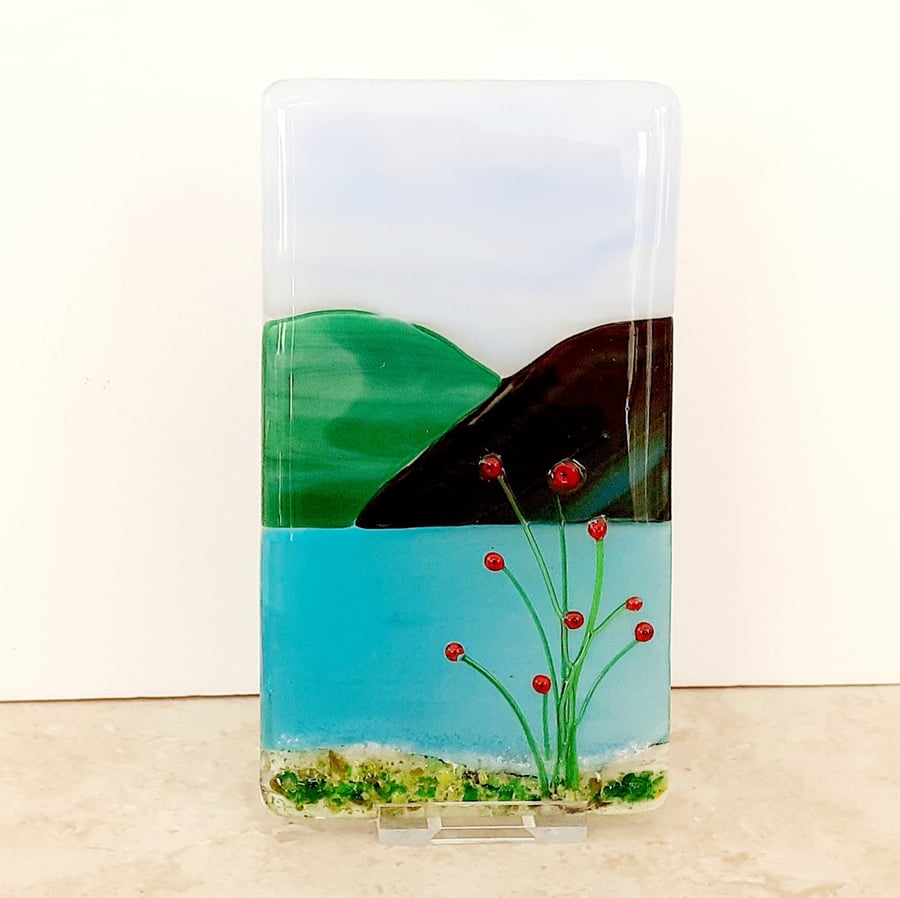 Fused glass mini landscape panel, lake and mountains